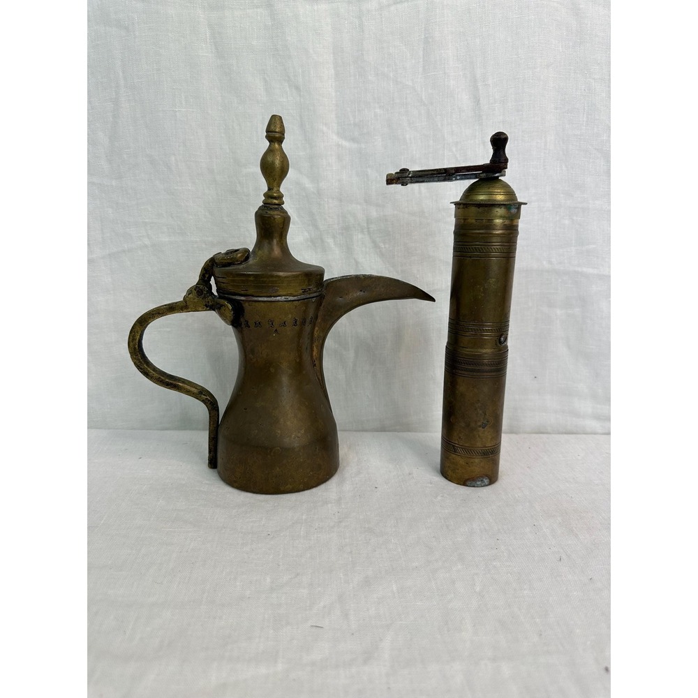 Vintage Islamic Turkish Brass Dallah Coffee Pot and Coffee Grinder Set Gold